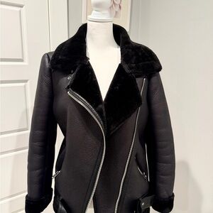 Zara Black Leather Jacket with Shearling Collar